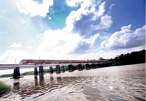 The new Vande Bharat train crossing over the Cochin bridge in Shoranur as part of its trial run on Friday | Praveesh Shoranur
