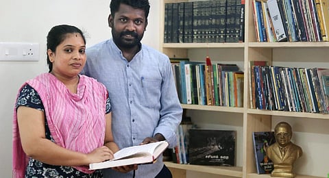 Kalaivanan and G Sujatha at their home library (Sriram R)