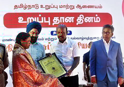 Mother of a donor cries while accepting the certificate from Health Minister Ma Subramanian at the Organ Donation Day event in Chennai. (Photo | P Ravikumar, EPS)