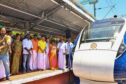 Flagging off of Tirunelveli - Chennai Vande Bharat Express Train by Prime Minister Naredra Modi through video conference in Tirunelveli. (Photo | V.KARTHIKALAGU, EPS)