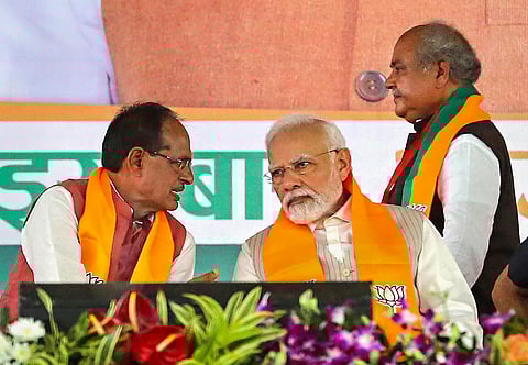 Prime Minister Narendra Modi with Madhya Pradesh Chief Minister Shivraj Singh Chouhan during BJP's 'Karyakarta Mahakumbh', in Bhopal. (Photo | PTI)