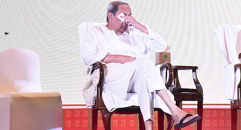 Chief Minister Naveen Patnaik gets emotional during the screening of a documentary on his sister late Gita Mehta at OLF on Sunday | DEBADATTA MALLICK