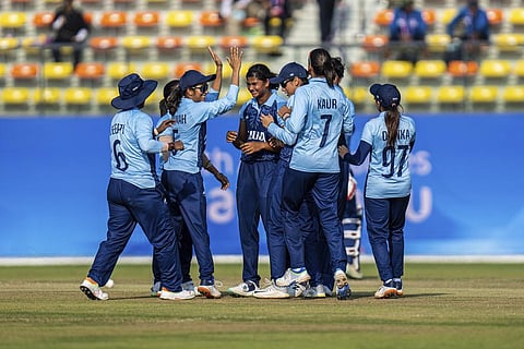 The Indian players celebrate a wicket by Titas Sadhu during the women's final against Sri Lanka at the Asian Games (Photo | AP)