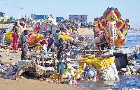Vinayakar idols at Foreshore Estate in Chennai on Monday. (Photo | P Jawahar)