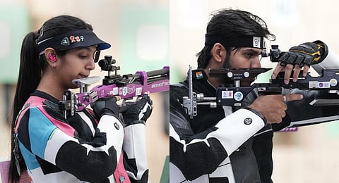 Indian shooters Ramita and Divyansh Singh Panwar compete in 10m air rifle mixed team event at the 19th Asian Games, in Hangzhou, China, on Sept 26, 2023. (PTI)