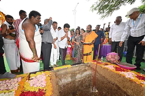 Telangana Minister KTR on Monday laid the foundation stone for five bridges over Musi river.