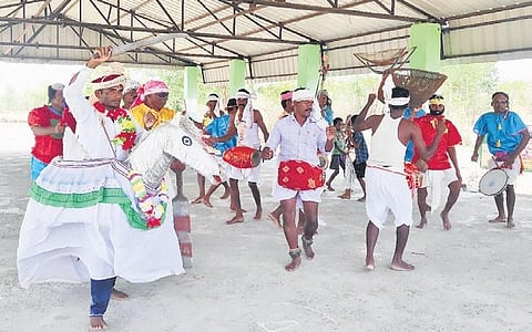 Dhap artistes performing at the workshop of the Centre of Excellence | Express