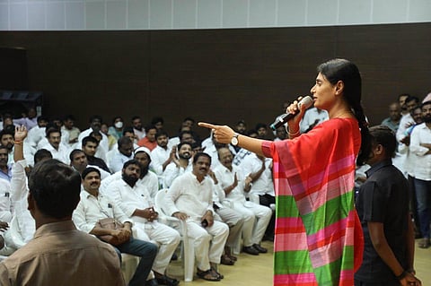 YSRTP chief YS Sharmila addresses her party workers in Hyderabad on Monday (Express)