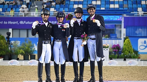 The Indian dressage team after winning the gold medal at the Asian Games (Photo | AFP)