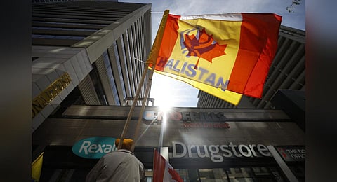 Demonstrators gather in support of Khalistan during a Sikh rally outside the Consulate General of India, in Toronto, Ontario, Canada, on September 25, 2023, (Photo | AFP)