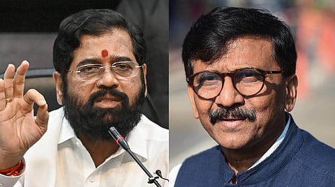 A collage of Maharashtra Deputy CM Eknath Shinde (L) and Shiv Sena (UBT) leader Sanjay Raut.