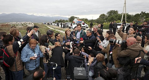 U.S. Agency for International Development Administrator Samantha Power, center, speaks to journalists in Kornidzor, Syunik region, Armenia. (Photo | AP)