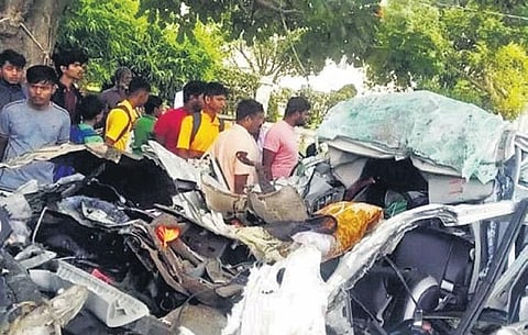 The mangled remains of the car involved in the accident in Nagamangala taluk in Mandya district on Wednesday. (Photo | KPN)