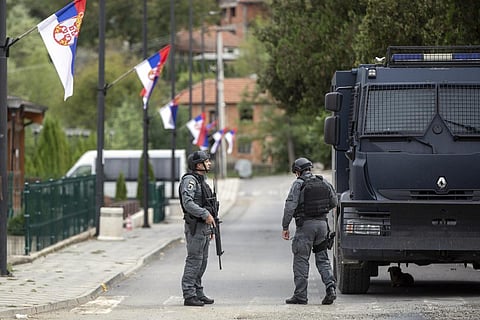 Kosovo police officers secure the area outside the Banjska monastery in the village of Banjska, Kosovo on Wednesday, Sept. 27, 2023. (Photo | AP)
