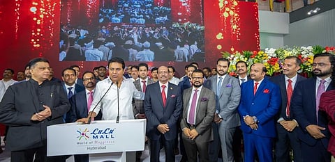 Industries Minister KT Rama Rao speaks during the inauguration of Lulu mall in Hyderabad on Wednesday. (Express)