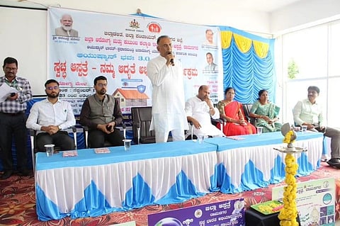 Health Minister Dinesh Gundurao, speaking after launching the ‘Clean Hospital - Our Priority’ campaign at Ramanagara Government Hospital on Wednesday. (Photo | Express)