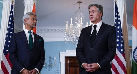 Secretary of State Antony Blinken speaks with Indian External Affairs Minister Subrahmanyam Jaishankar. (Photo | PTI)
