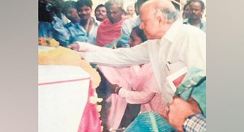 File photo of MS Swaminathan inaugurating a cyclone shelter at Rajagada village in 2002. (Photo | Express)