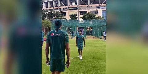 Pakistani cricketers during the first training session, in Hyderabad on September 28, 2023. (Photo | PTI)