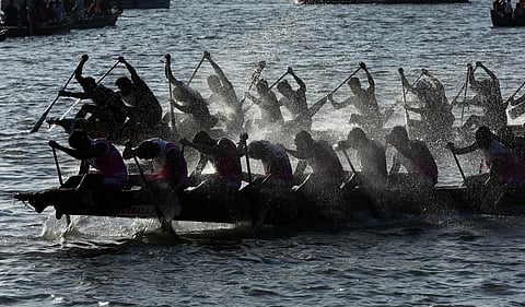 Rowers in action at the Champions Boat League held at Kochi Marine Drive.(Photo | T P Sooraj)