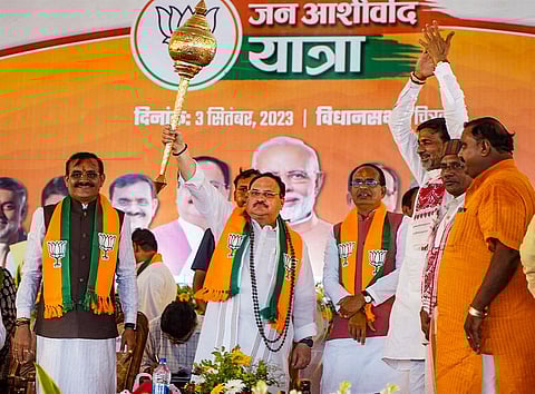 Madhya Pradesh CM Shivraj Chouhan, BJP President JP Nadda and State BJP President V.D. Sharma during the inauguration of 'Jan Ashirwad Yatra'. (PTI)