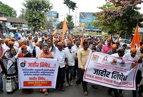 Maratha Kranti Morcha members stage a protest against Jalna administration over lathicharge on protestors demanding Maratha reservation, in Karad, Saturday, Sept 2, 2023. (Photo | PTI)
