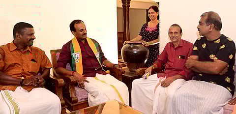 NDA candidate G Lijin Lal visiting a family in ward 18 of Ayarkkunam panchayat on Saturday. (Photo| Vishnu Prathap)