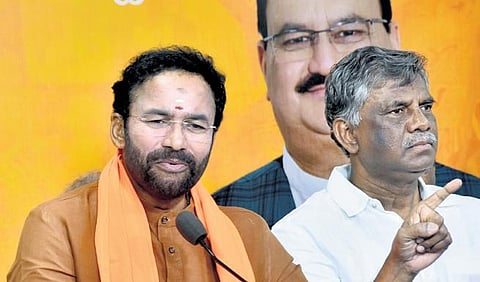Telangana BJP chief and Union Tourism Minister G Kishan Reddy speaks during a press conference in Hyderabad on Friday