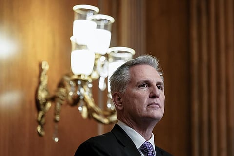 Speaker of the House Kevin McCarthy, R-Calif., pauses while speaking to the media about efforts to pass appropriations bills and avert a looming government shutdown. (Photo | AP)