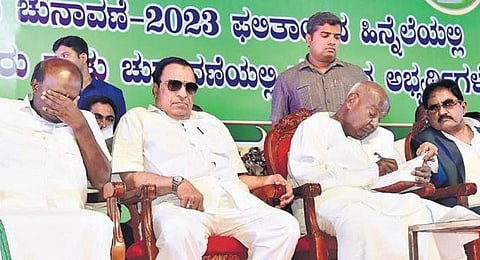 FILE - (L to R) This undated image of HD Kumaraswamy, JD(S) state president CM Ibrahim and party president HD Deve Gowda, is used for representational purposes only. (Photo | EPS)