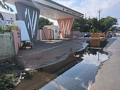 Rainwater stagnation along Tiruppur Medical College Hospital. (Photo | Express)