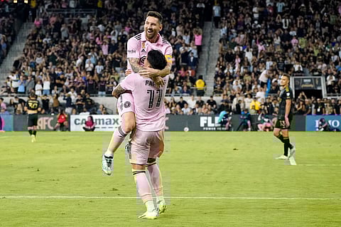 Inter Miami midfielder Facundo Farias celebrates his goal with forward Lionel Messi during the first half of a Major League Soccer match against the Los Angeles FC. (Photo | AP)