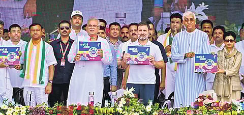 Congress leader Rahul Gandhi with CM Bhupesh Baghel, Deputy CM TS Singh Deo and others at a function in Raipur | pti