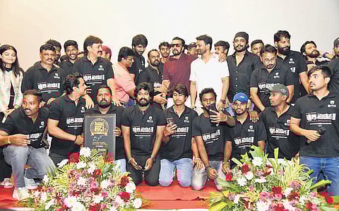 Sudeep, Dhananjay, Vasishta Simha at the launch event of Huli Nayaka.