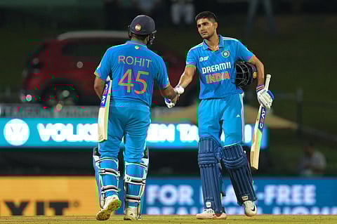 India's captain Rohit Sharma and Shubman Gill celebrate after winning the Asia Cup 2023 ODI cricket match between India and Nepal at the Pallekele International Cricket Stadium in Kandy. (Photo | AFP)