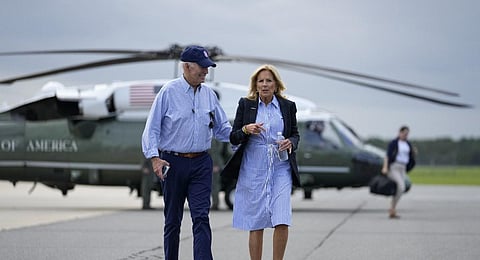 US President Joe Biden and First Lady Jill Biden walk to board Air Force One for departure at Gainesville Regional Airport in Florida, Saturday, Sept. 2, 2023. (Photo | AP)