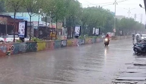 Rainfall in Giddalur town on Monday. Express
