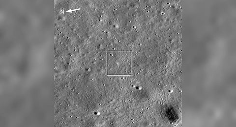 Chandrayaan-3 landing site can be spotted at the centre of the image captured by the Lunar Reconnaissance Orbiter. (Photo | NASA)