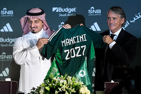 Roberto Mancini and Yasser Al Misehal, the Saudi Arabian Football Federation president, attend a press conference in Riyadh, Saudi Arabia. (Photo | AP)
