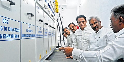 Energy Minister K J George with BJP MLA C N Ashwathnarayan at the inauguration of Underground Distribution Transformer Centre on Tuesday. (Photo | Shashidhar Byrappa)