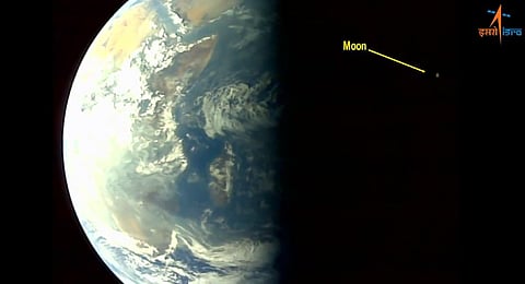 Image of the Earth and the Moon as captured by Aditya L1. (Photo | ISRO)