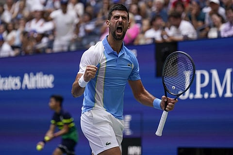 Novak Djokovic, of Serbia, reacts during a match against Taylor Fritz, of the United States, during the quarterfinals of the US Open tennis championships, Sept 5, 2023. (Photo | AP)