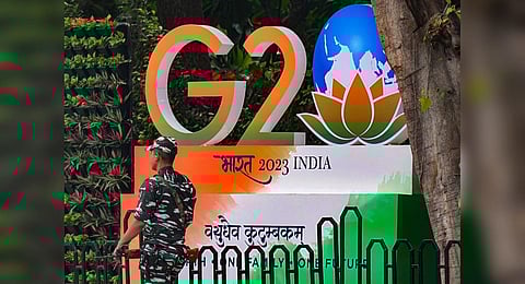 The G20 logo with the name 'Bharat' installed near Raisina Road as part of preparations for the upcoming summit, in New Delhi, Wednesday, Sept. 6, 2023. (Photo | PTI)