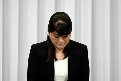 Julie Keiko Fujishima, outgoing president of entertainment company Johnny & Associates Inc. bows during a press conference Thursday, Sept. 7, 2023, in Tokyo. (AP)