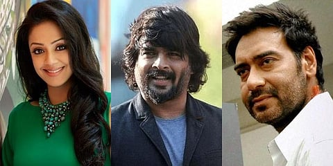 (From Right) Actors Ajay Devgn, R Madhavan and Jyotika