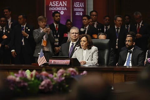 US Vice President Kamala Harris delivers her remarks during the Association of Southeast Asian Nations (ASEAN)-US Summit in Jakarta, Indonesia, Wednesday, Sept. 6, 2023. (Photo | AP)