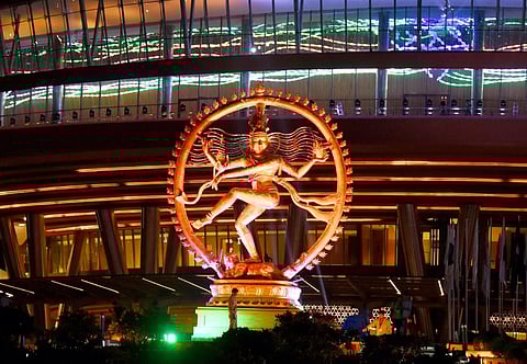 Night time images of illuminated Bharat Mandapam, the venue of the G20 Summit.(Photo | Special Arrangement)