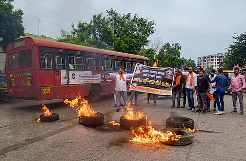 People from Maratha community stage a protest over the issue of Maratha reservation, in Nagpur, Thursday, Sept. 7, 2023. (PTI)