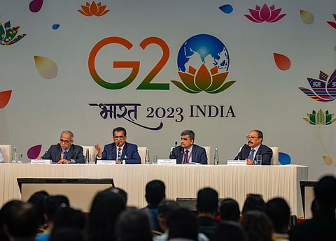 G20 Sherpa Amitabh Kant with Foreign Secretary Vinay Kwatra (left), Department of Economic Affairs Secretary Ajay Seth (2nd from right) and G20 Chief Coordinator Harsh Shringla (right). (PTI)