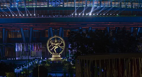 An Illuminated statue of Nataraja stands at the entrance of the main venue for the G20 summit in New Delhi, India, Thursday, Sept. 7, 2022. (Photo | AP)